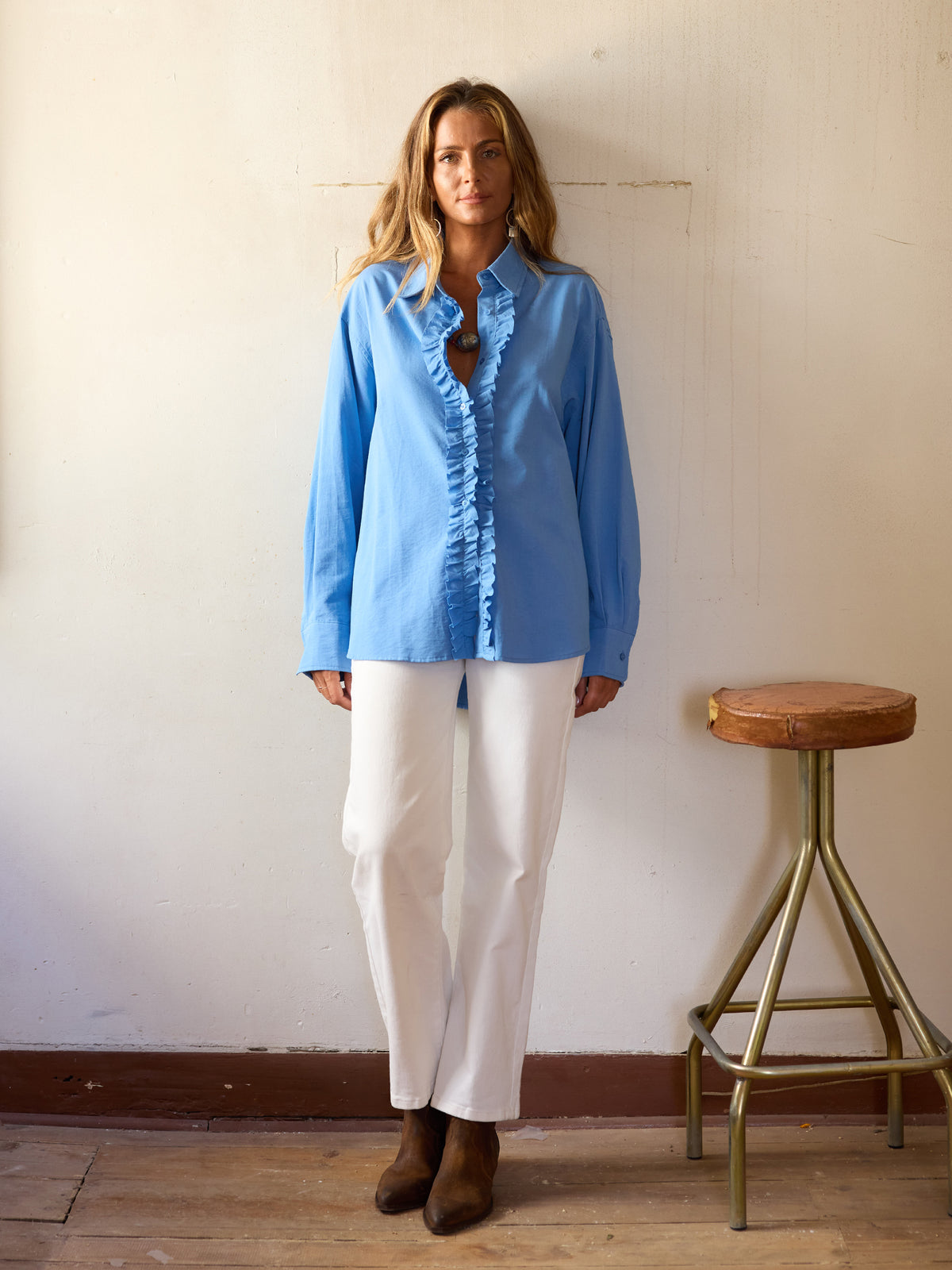 Blue Shirt with Ruffles on the Front | Vintage Bazaar